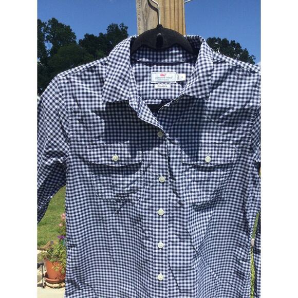 Vineyard Vines womens relaxed button up shirt size 4 blue plaid gingham roll tab - Picture 2 of 10